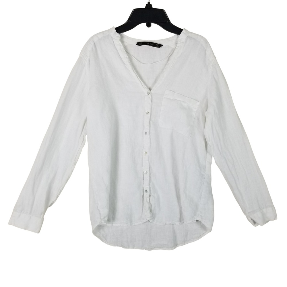 Zara Basic Button Down Blouse Women Size S White Linen Blend Long Sleeve V-Neck